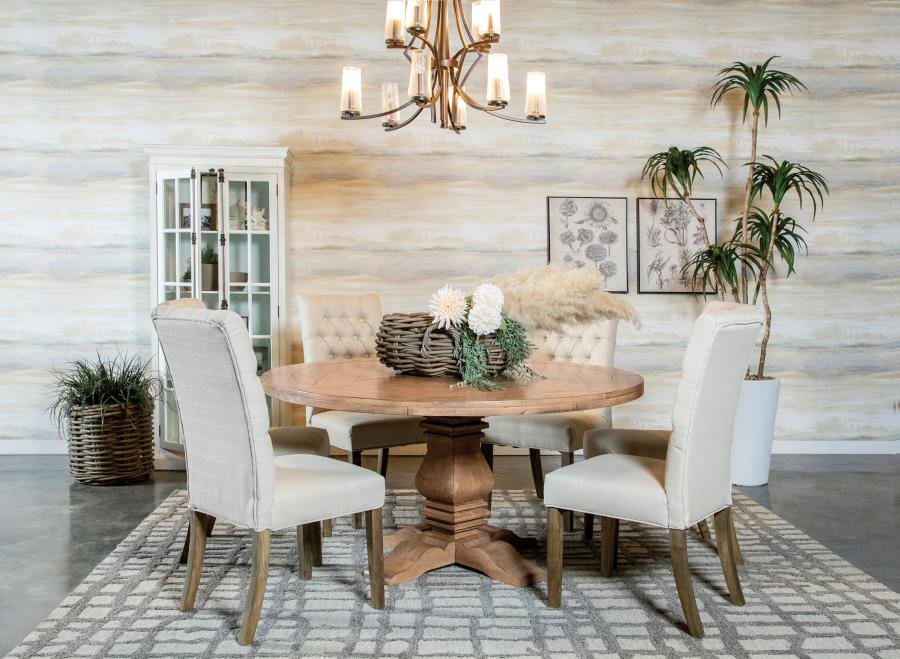 FLORENCE 7-PIECE ROUND DINING TABLE SET RUSTIC HONEY