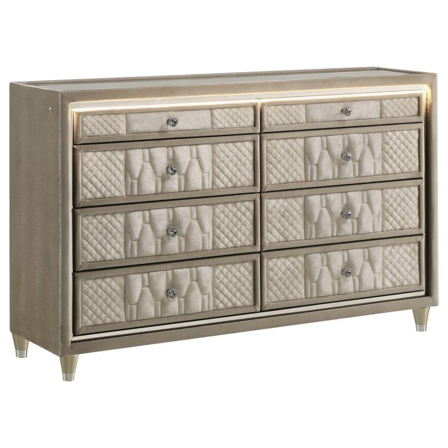 LORIENT 8-DRAWER LED BEDROOM DRESSER CABINET IVORY AND CAMEL