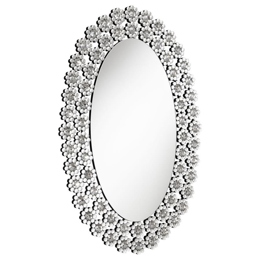 COLLEEN 31 X 47 INCH OVAL WALL MIRROR CRYSTAL FLOWERS SILVER