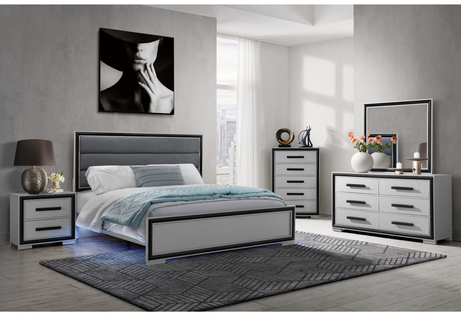 AMELIA GREY/BLACK KING BED GROUP WITH LED, COOLER AND SPEAKER