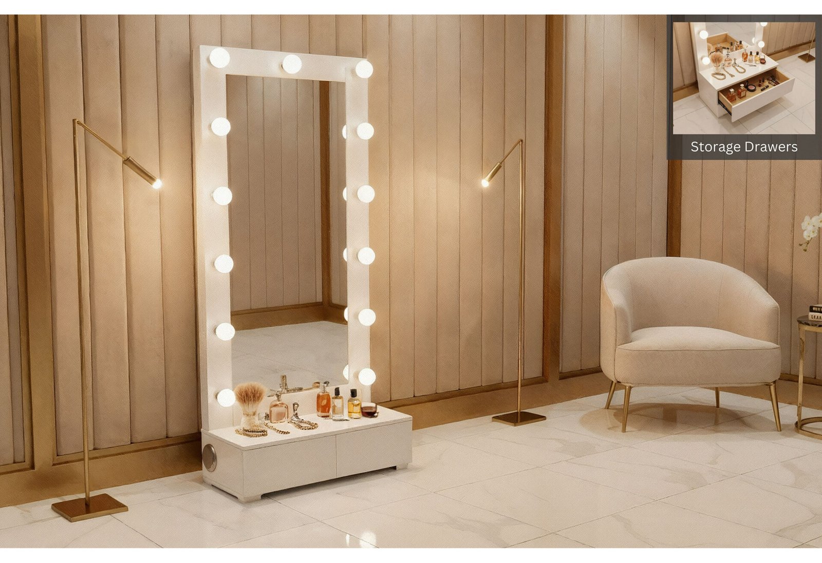 ELLA WHITE NARROW TALL MIRROR WITH LED AND SPEAKER