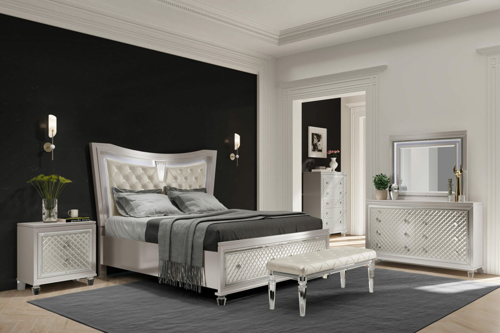 PARIS CHAMPAGNE KING BED GROUP WITH LED
