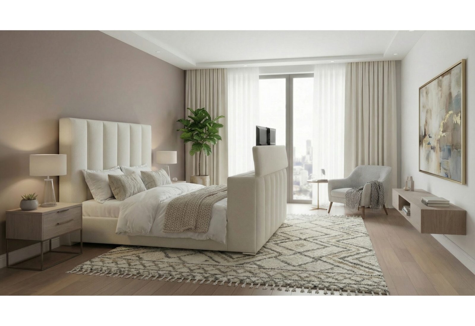 SERENITY CREMA KING BED WITH SPEAKER, TV LIFT AND FIREPLACE