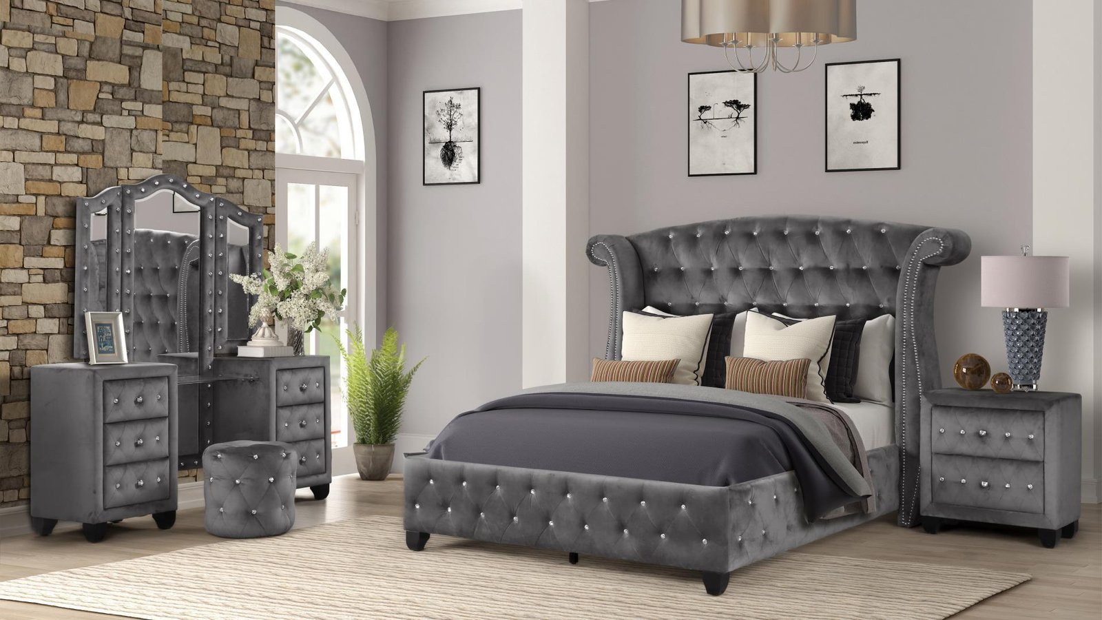 SOPHIA FULL 4 PC VANITY BEDROOM SET IN GRAY